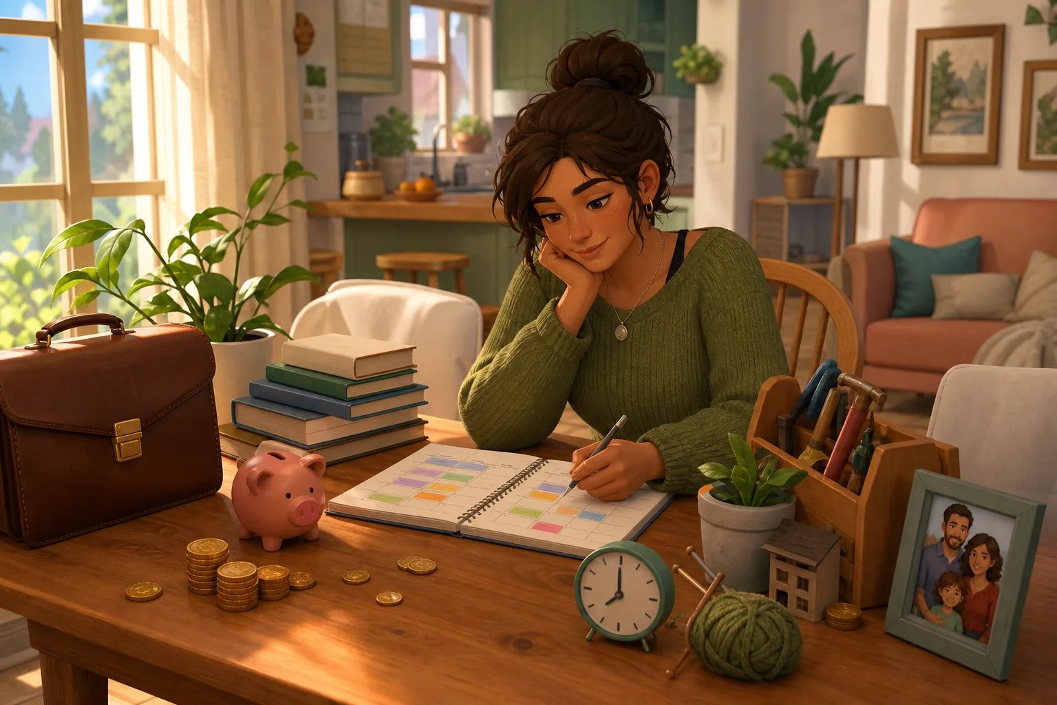 Editorial concept illustration of a Parafolk planning work, money, hobbies, and family time
