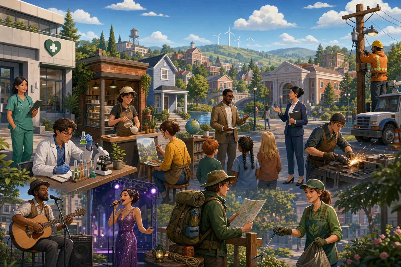 Editorial concept illustration showing different career paths in a life simulation town
