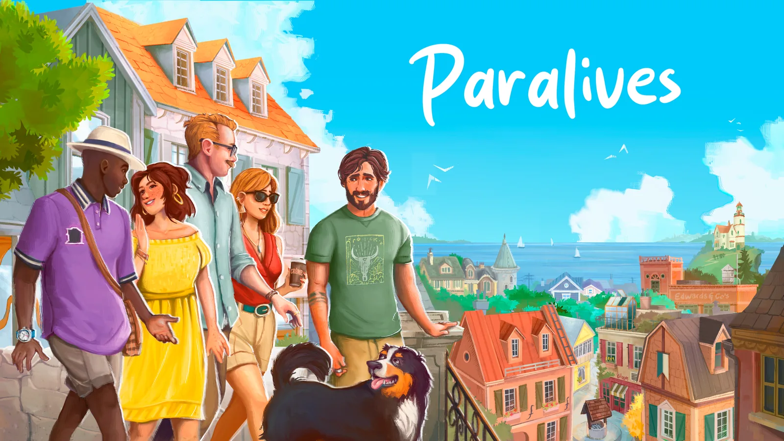 Official Paralives key art showing Parafolk and a dog outdoors
